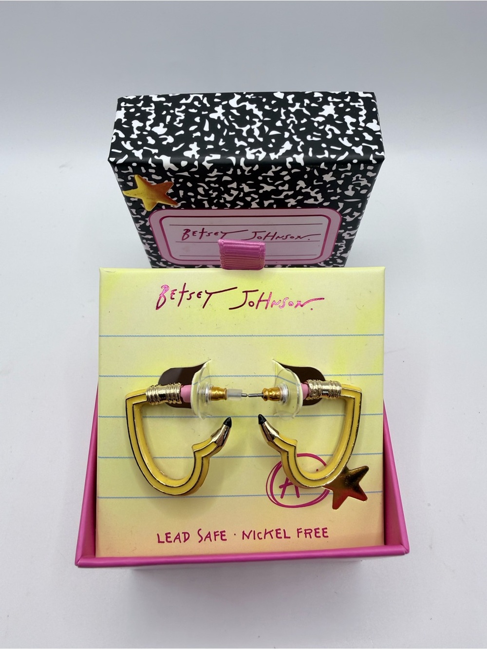 NWT Betsey Johnson yellow pencil heart huggie earrings back to school